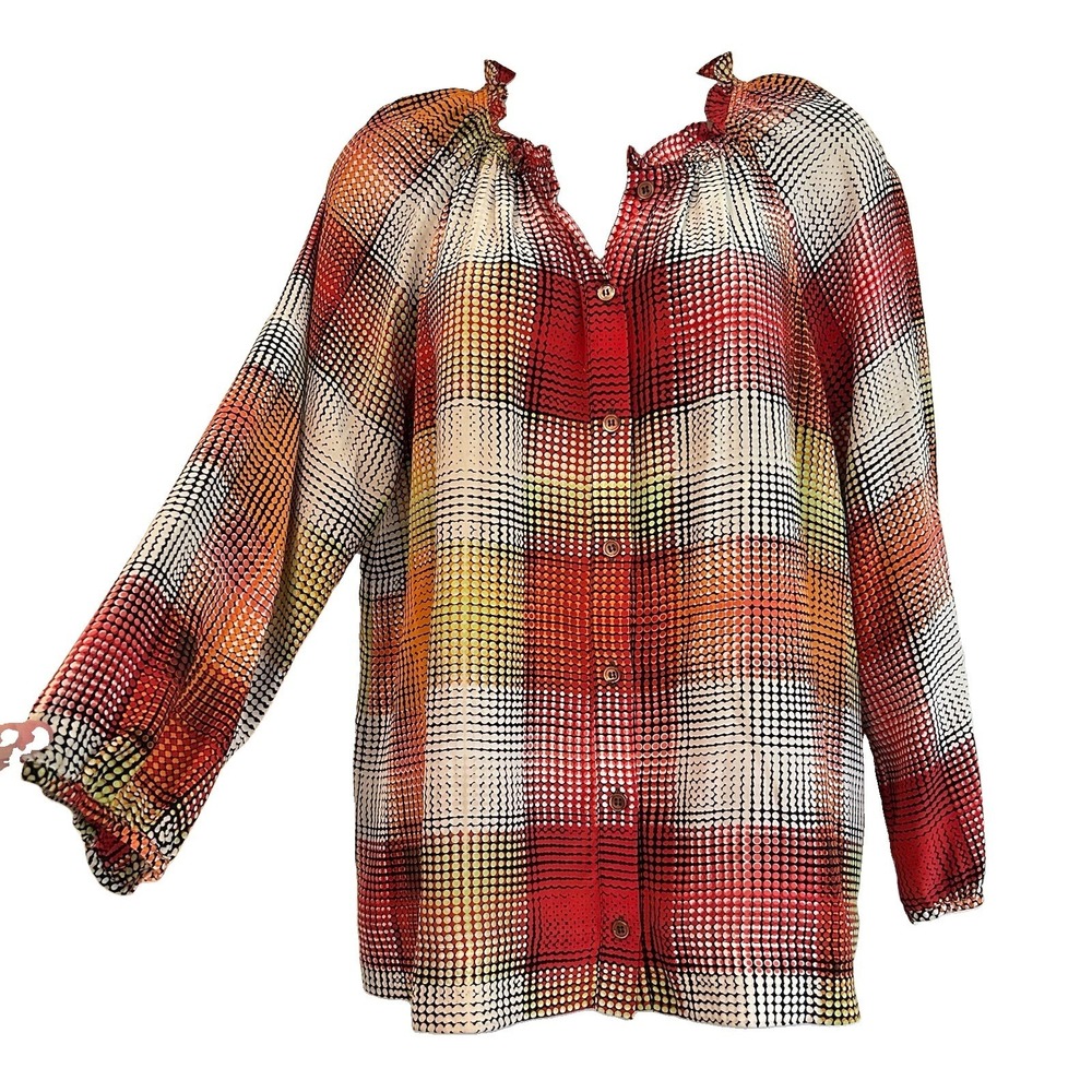 BCBG Maxazria Silk Blouse Sz M Colorful Geometric 3/4 Sleeve Ruffle Collar